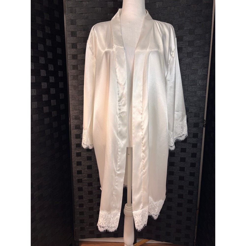 Satin Kimono Robe Women XXXL White Lace Trim Bridal Loungewear Wedding Lingerie